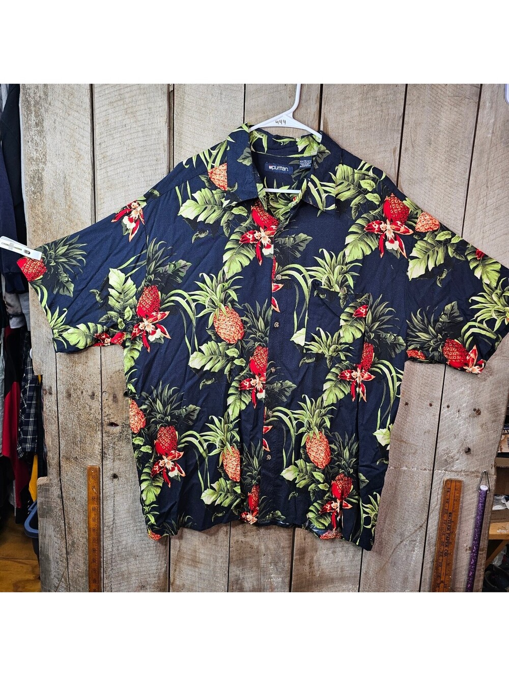 Puritan Men's 2XL Hawaiian Shirt Navy Pineapple Floral Button Down Rayon Short